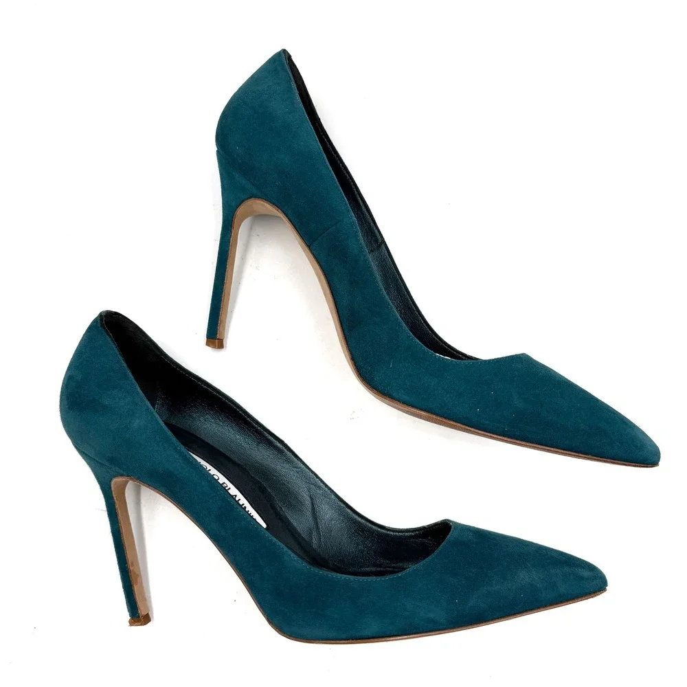 Manolo Blahnik BB Suede Pumps Teal Pointed Stiletto Heels Slip On Sz 39.5 / 9.5 - Picture 3 of 9